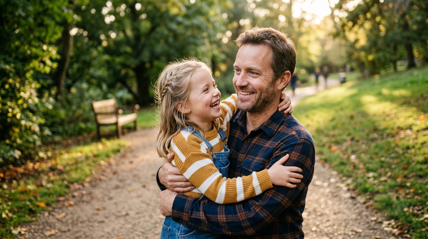 Fotografia realista: um pai afetuoso e a sua filha sorridente abraçados num parque soalheiro, simbolizando o amor e a cumplicidade natural entre pai e filha