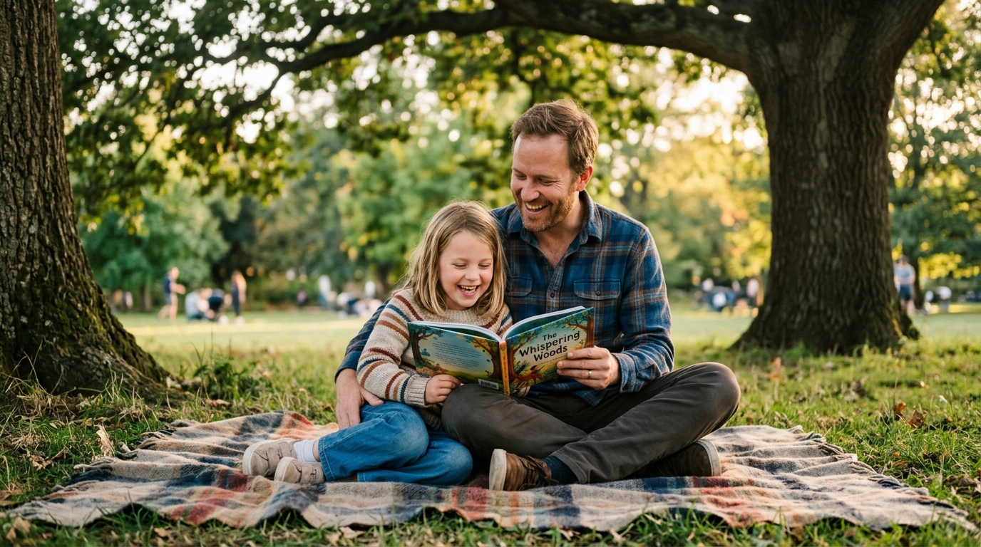 Pai e filha a ler juntos num ambiente acolhedor e protetor